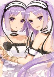 Rule 34 | 2girls, :o, armband, armlet, back, bare arms, bare shoulders, black bow, black flower, black ribbon, black rose, bow, breasts, chestnut mouth, choker, collarbone, cowboy shot, dress, euryale (fate), eyelashes, fate/grand order, fate/hollow ataraxia, fate (series), floating hair, flower, forehead, frilled armband, frilled choker, frilled dress, frilled hairband, frills, fuumi (radial engine), gem, gold, grey background, hair ribbon, hairband, hand on another&#039;s arm, head tilt, holding, holding strap, jewelry, light smile, lolita fashion, lolita hairband, long hair, looking at viewer, looking back, multiple girls, parted bangs, pearl (gemstone), purple eyes, purple hair, ribbon, rose, siblings, sidelocks, simple background, single strap, sisters, sleeveless, sleeveless dress, small breasts, spine, standing, stheno (fate), strapless, strapless dress, twins, twintails, upper body, very long hair, white choker, white dress, white hairband