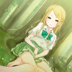 Rule 34 | against tree, bad id, bad pixiv id, barefoot, between legs, blonde hair, bow, bowtie, braid, breasts, crown braid, day, earrings, elf, feet, forest, french braid, green bow, green bowtie, green skirt, hand between legs, highres, jewelry, long hair, looking at viewer, miyoshi yoshimi, nature, original, outdoors, pocket, pointy ears, school uniform, sitting, skirt, small breasts, soles, solo, toes, tree, uniform, watch, wristwatch, yellow eyes