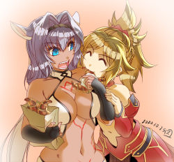 Rule 34 | 2girls, ^ ^, animal ears, black hairband, blonde hair, blue eyes, breasts, caenis (fate), closed eyes, croissant, dark-skinned female, dark skin, dated, eating, fate/grand order, fate (series), food, gradient background, hairband, hisahiko, large breasts, long hair, looking at another, mordred (fate), mordred (fate/apocrypha), multiple girls, navel, open mouth, orange background, ponytail, short hair, tattoo, teeth