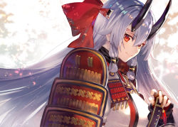 Rule 34 | 1girl, armor, breasts, fate/grand order, fate (series), fingerless gloves, floating hair, gloves, hair between eyes, hand on hilt, headband, horns, japanese armor, katana, long hair, looking at viewer, medium breasts, oni horns, red eyes, shirabi, shoulder armor, silver hair, smile, sode, solo, sword, tomoe gozen (fate), upper body, weapon