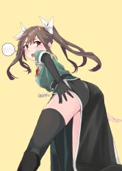 Rule 34 | 1girl, alakoala, ass, asymmetrical legwear, brown eyes, brown hair, dated, elbow gloves, feet out of frame, from behind, gloves, hair between eyes, hair ribbon, highres, kantai collection, long hair, looking at viewer, pelvic curtain, ribbon, signature, simple background, single elbow glove, single thighhigh, solo, spoken blush, standing, thighhighs, tone (kancolle), tone kai ni (kancolle), twintails, uneven legwear, white ribbon, yellow background