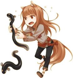 Rule 34 | 1girl, animal ears, anklet, ayakura juu, black pants, brown footwear, brown hair, fish, floating hair, full body, grey shirt, holo, jewelry, leg up, long hair, lowres, non-web source, novel illustration, official art, open mouth, pants, red eyes, shirt, shoes, simple background, solo, spice and wolf, tail, white background, wolf ears, wolf tail
