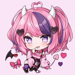 Rule 34 | 1girl, :d, ahoge, asymmetrical legwear, bell, black skirt, black wings, blush, breasts, chibi, commentary, demon girl, demon horns, demon tail, demon wings, detached wings, english commentary, full body, hair ornament, heart, heart ahoge, heart hair ornament, hitsukuya, horns, ironmouse, ironmouse (1st costume), jingle bell, kneehighs, long sleeves, looking at viewer, medium breasts, multicolored hair, neck bell, off-shoulder shirt, off shoulder, open mouth, pink background, pink hair, pink shirt, pink thighhighs, pleated skirt, puffy long sleeves, puffy sleeves, purple eyes, purple hair, purple socks, shirt, simple background, single kneehigh, single sock, single thighhigh, skirt, sleeves past wrists, smile, socks, solo, streaked hair, suspender skirt, suspenders, tail, thighhighs, virtual youtuber, vshojo, wings