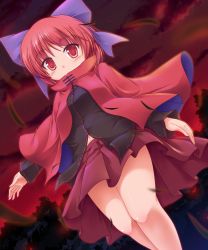 Rule 34 | 1girl, blush, bow, cape, hair bow, highres, legs, looking at viewer, lzh, navel, red eyes, red hair, red sky, sekibanki, short hair, skirt, sky, smile, solo, touhou