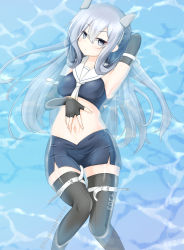 Rule 34 | 1girl, absurdres, afloat, armpits, black gloves, black thighhighs, blue eyes, blue hair, breasts, crop top, elbow gloves, fake horns, gloves, gradient neckwear, highres, horned headwear, horns, i-203 (kancolle), kantai collection, kisaragi mizuto, light blue hair, long hair, sailor collar, small breasts, solo, spread navel, thighhighs, white neckwear, white sailor collar, yellow neckwear