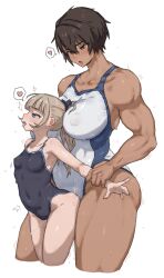Rule 34 | 2girls, blonde hair, blue eyes, breasts, brown hair, competition school swimsuit, dark-skinned female, dark skin, dated commentary, dry humping, futa with female, futanari, gym uniform, height difference, highres, humping, implied futanari, kei (m k), large breasts, long hair, m k, multiple girls, original, ponytail, red eyes, rika (m k), school swimsuit, short hair, simple background, size difference, standing, sweat, swimsuit, tall, tall female, tan, tomboy
