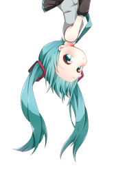 Rule 34 | 1girl, aqua eyes, aqua hair, bare shoulders, blush, detached sleeves, eshe mr, hair ornament, hatsune miku, highres, long hair, looking at viewer, necktie, shirt, skirt, solo, twintails, upper body, upside-down, vocaloid, white background