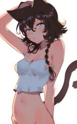 Rule 34 | 1girl, absurdres, ahoge, animal ears, arm behind back, arm up, armpits, arutera, backlighting, blue eyes, bottomless, braid, breasts, bright pupils, camisole, cat ears, cat tail, cleavage, cowboy shot, crop top, hair between eyes, hair tie, highres, medium breasts, navel, original, out-of-frame censoring, parted lips, short hair, short hair with long locks, side braid, simple background, single braid, solo, tail, white background