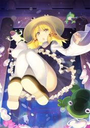 Rule 34 | 1girl, :o, ass, black footwear, blonde hair, blouse, brown hat, commentary request, dress, eyelashes, eyes visible through hair, falken (yutozin), flower, frills, frog, from below, full body, hair ribbon, hands up, hat, highres, knees up, long sleeves, looking at viewer, medium hair, moriya suwako, open mouth, parted bangs, pink flower, purple dress, red ribbon, ribbon, shirt, shoes, sidelocks, solo, thighhighs, torii, touhou, water drop, white shirt, white thighhighs, wide sleeves, yellow eyes