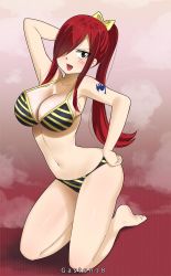 Rule 34 | 1girl, bikini, breasts, brown eyes, cleavage, erza scarlet, fairy tail, gaston18, highres, large breasts, long hair, ponytail, red hair, swimsuit, tagme