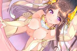 Rule 34 | 1boy, 1girl, all fours, blush, breasts, bridal gauntlets, brown hair, censored, closed mouth, doggystyle, flower knight girl, frown, fujishima-sei ichi-gou, game cg, hair ornament, hanging breasts, hetero, kirinsou (flower knight girl), long hair, medium breasts, mosaic censoring, navel, nipples, nude, official art, purple eyes, sex, sex from behind, shiny skin, solo focus, thigh grab, thighhighs, vaginal, yellow thighhighs