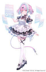 Rule 34 | 1girl, apron, black dress, black footwear, blue eyes, blue hair, breasts, character request, commentary request, copyright notice, dress, frilled apron, frilled dress, frills, full body, hair ornament, hairclip, heart o-ring, high heels, highres, holographic interface, mahjong hime, maid, maid headdress, multicolored hair, official art, pink hair, pleated dress, puffy short sleeves, puffy sleeves, purple eyes, shoes, short sleeves, simple background, small breasts, solo, standing, streaked hair, thighhighs, twintails, wasabi (sekai), white apron, white background, white thighhighs, x hair ornament