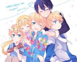 Rule 34 | 1girl, 2boys, age difference, age progression, alice zuberg, armor, bad id, bad twitter id, bcoca, black hair, black shirt, blonde hair, blue cape, blue eyes, blue shirt, blush, bouquet, cape, closed eyes, closed mouth, commentary request, confetti, crying, eugeo, flower, hair between eyes, hair ribbon, hand on another&#039;s head, hand on another&#039;s shoulder, happy birthday, head wreath, highres, holding, holding bouquet, hug, hug from behind, kirito, knight, long hair, looking at viewer, looking away, multiple boys, one eye closed, open mouth, ribbon, sheath, sheathed, shirt, short hair, simple background, smile, sword art online, sword art online: alicization, teeth, toy sword, white background, white ribbon