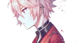 Rule 34 | 1boy, afterl!fe, choker, ear piercing, earrings, facing to the side, highres, hwaen, jacket, jewelry, looking down, male focus, piercing, pink eyes, pink hair, profile, short hair, sian (afterl!fe), solo, white background