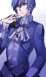 Rule 34 | 1boy, androgynous, ascot, blue eyes, blue gemstone, blue hair, blue jacket, blue nails, brooch, chain, chain necklace, closed mouth, collared jacket, evillious nendaiki, frilled cuffs, gem, gold chain, grim the end, heart, heart brooch, high collar, highres, holding, holding key, jacket, jewelry, kaito (vocaloid), karchess crim, key, long eyelashes, looking down, male focus, nagori (uusdvedp), narrow waist, necklace, pale skin, short hair, skinny, venomania kou no kyouki (vocaloid), vessel of sin, vocaloid