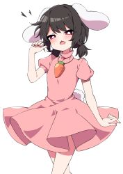Rule 34 | 1girl, alternate hairstyle, animal ears, arm up, black hair, bright pupils, carrot, carrot necklace, dress, floppy ears, highres, inaba tewi, jewelry, looking at viewer, necklace, open mouth, pendant, pink dress, puffy short sleeves, puffy sleeves, rabbit ears, rabbit girl, rabbit tail, red eyes, short sleeves, simple background, solo, tail, touhou, tsukimirin, twintails, white background