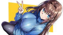 Rule 34 | 1girl, absurdres, aozaki aoko, black pants, blue eyes, blue sweater, breasts, brown hair, closed mouth, denim, ebora, hair intakes, highres, jeans, large breasts, long hair, long sleeves, looking at viewer, mahou tsukai no yoru, pants, simple background, smile, solo, sweater, turtleneck, v, white background