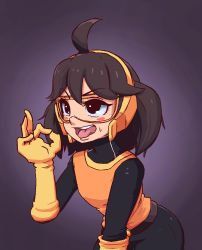 Rule 34 | 1girl, ahoge, arms (game), blush, bodysuit, brown hair, fellatio gesture, female focus, gloves, goggles, highres, looking at viewer, mechanica (arms), purple eyes, raveant, short hair, solo, tongue, tongue out