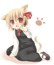 Rule 34 | 1girl, animal ears, blonde hair, cat ears, cat girl, cat tail, embodiment of scarlet devil, fang, female focus, hair ribbon, kemonomimi mode, mary janes, nami (cassette), necktie, paw pose, paw print, red eyes, red necktie, ribbon, rumia, shoes, short hair, solo, tail, touhou