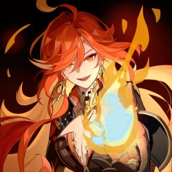 1girl :d black_background black_gloves breasts cleavage earrings fire genshin_impact gloves highres jewelry large_breasts long_hair looking_at_viewer mavuika_(genshin_impact) open_mouth orange_eyes peomyu_phermu red_hair smile solo upper_body very_long_hair