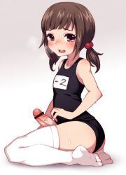 Rule 34 | 1boy, bar censor, black one-piece swimsuit, blush, brown eyes, brown hair, censored, crossdressing, erection, feet, hair bobbles, hair ornament, low twintails, male focus, name tag, one-piece swimsuit, open mouth, original, penis, school swimsuit, short hair, short twintails, sitting, solo, sweat, swimsuit, tearing up, thighhighs, trap, twintails, wariza, wataya, white thighhighs