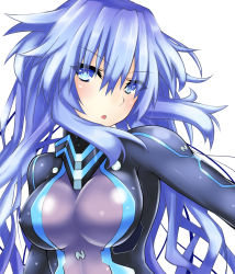 Rule 34 | 10s, 1girl, :o, armor, blue eyes, blue hair, blush, bodysuit, braid, breasts, covered erect nipples, emblem, eyes visible through hair, gorget, hair between eyes, highres, impossible bodysuit, impossible clothes, large breasts, long hair, looking at viewer, matching hair/eyes, neptune (neptunia), neptune (series), next form, next purple, open mouth, power symbol-shaped pupils, purple hair, purple heart (neptunia), shin jigen game neptune vii, shishin (shishintei), sidelocks, simple background, skin tight, solo, symbol-shaped pupils, twin braids, upper body, very long hair, white background