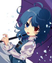 Rule 34 | 1girl, absurdres, antenna hair, blue eyes, blue hair, blue skirt, blue vest, chinese commentary, commentary request, flat chest, frilled sleeves, frills, heterochromia, highres, holding, holding umbrella, luxunsang, medium hair, purple umbrella, red eyes, shirt, skirt, solo, tatara kogasa, tongue, tongue out, touhou, umbrella, vest, white shirt