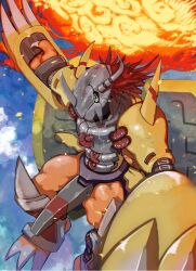 Rule 34 | arm up, armor, blue background, blue sky, claws, cloud, colored skin, digimon, digimon (creature), fireball, gauntlets, green eyes, highres, horns, looking at viewer, mechanical wings, midair, no humans, orange skin, oyomotin, red hair, sky, wargreymon, wings