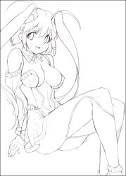 Rule 34 | 1girl, :d, antenna hair, aoba anoa, bare shoulders, breasts, cleavage, detached collar, greyscale, leotard, long hair, looking at viewer, mizuki makoto, monochrome, open mouth, otomedius, revealing clothes, see-through, see-through skirt, simple background, sketch, skirt, smile, solo, twintails, very long hair, white background
