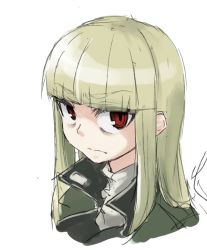 Rule 34 | 1girl, bags under eyes, blonde hair, blunt bangs, grete m. gollob, light frown, long hair, makaze (t-junction), military, military uniform, red eyes, simple background, solo, strike witches, uniform, upper body, white background, world witches series