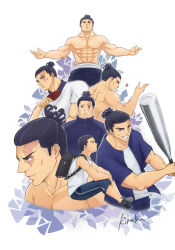 Rule 34 | 1boy, absurdres, age progression, aged down, artist request, baseball bat, black hair, blowing kiss, empty eyes, gakuran, heart, highres, holding, holding baseball bat, jujutsu kaisen, male focus, muscular, muscular male, no nipples, official alternate costume, outstretched arms, paddle, pectorals, profile, puckered lips, scar, scar across eye, school uniform, short hair, sideburns, spread arms, table tennis paddle, topless male, toudou aoi (jujutsu kaisen)