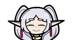 Rule 34 | 1girl, anya&#039;s heh face (meme), blue eyes, blush, deformed, earrings, elf, frieren, grey hair, highres, jewelry, looking at viewer, meme, parody, parted bangs, pointy ears, short eyebrows, sidelocks, simple background, smile, smug, solo, sousou no frieren, spy x family, tashidraw, thick eyebrows, twintails, white background
