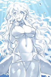 Rule 34 | 1girl, :o, air bubble, bare shoulders, bikini, blue theme, blush, breasts, bubble, colored skin, cowboy shot, fins, grey eyes, hair between eyes, hair spread out, hand on own chest, hand on own face, highres, large breasts, long hair, looking away, mermaid, monochrome, monster girl, navel, original, shark girl, side-tie bikini bottom, solo, stomach, swimsuit, underwater, very long hair, wavy hair, webbed hands, white hair, white skin, zakirsiz