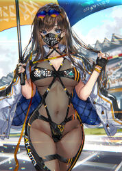 Rule 34 | 1girl, black bodysuit, black gloves, bodystocking, bodysuit, breasts, brown hair, collarbone, covered mouth, covered navel, cowboy shot, eyewear on head, fingerless gloves, gloves, highres, holding, holding umbrella, jacket, large breasts, long hair, looking at viewer, mask, mouth mask, open clothes, open jacket, original, parasol, parted lips, race queen, ran&#039;ou (tamago no kimi), see-through, see-through bodysuit, skin tight, solo, sunglasses, two-tone bodysuit, umbrella, white jacket