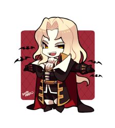 Rule 34 | 1boy, alucard (castlevania), ascot, bat (animal), black cape, black footwear, black gloves, black jacket, black pants, blonde hair, border, cape, castlevania (series), chibi, full body, gloves, jacket, kotorai, long hair, long sleeves, male focus, no nose, open mouth, outstretched arms, pants, signature, slit pupils, solo, spread arms, white ascot, white border, yellow eyes