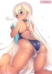 Rule 34 | 10s, 1girl, 2015, artist name, ass, back, bad id, bad twitter id, blonde hair, blue eyes, blush, butt crack, cameltoe, competition swimsuit, eyebrows, from behind, highleg, highleg swimsuit, hugging object, jpeg artifacts, kickboard, long hair, looking back, mel/a, melfina bluesky, one-piece swimsuit, original, simple background, solo, swimsuit, thick eyebrows, very long hair, white background