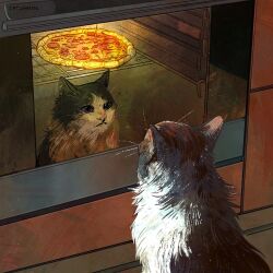 Rule 34 | absurdres, animal focus, artist name, cat, catwheezie, commentary, english commentary, food, highres, indoors, no humans, original, oven, pizza, reflection