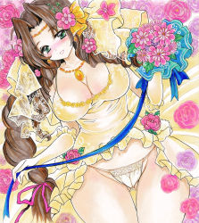 Rule 34 | 1girl, aerith gainsborough, alternate costume, blue ribbon, blush, bouquet, braid, braided ponytail, breasts, bride, brown hair, carrying, circlet, cleavage, curly hair, dress, final fantasy, final fantasy vii, floral background, flower, frilled dress, frills, gloves, green eyes, hair flower, hair ornament, highres, holding, holding bouquet, jewelry, large breasts, long hair, marker (medium), necklace, panties, parted bangs, parted lips, pendant, pink flower, pink rose, princess carry, ribbon, rose, sidelocks, smile, solo, thigh gap, thighs, traditional media, twobee, underwear, upper body, wedding, wedding dress, white panties, yellow dress