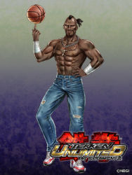 Rule 34 | 1boy, abs, ball, bandai namco, basketball, basketball (object), bruce irvin, dark-skinned male, dark skin, denim, facial hair, goatee, hand on own hip, jeans, jewelry, male focus, mohawk, muscular, necklace, official art, pants, shoes, sneakers, solo, tattoo, tekken, tekken tag tournament 2, topless male, torn clothes, torn jeans, torn pants, yamashita shun&#039;ya