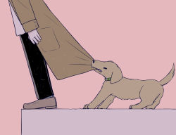 Rule 34 | 1boy, absurdres, animal, attempted suicide, avogado6, black pants, brown coat, coat, collar, commentary, dog, english commentary, from side, green collar, head out of frame, highres, leaning forward, long sleeves, original, oxfords, pants, pink background, puppy, shirt, trench coat, white shirt
