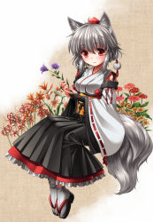 Rule 34 | 1girl, animal ears, artist request, bellflower, blush, bridal gauntlets, clog sandals, detached sleeves, embellished costume, female focus, floral background, flower, frills, full body, grey hair, hat, holding, holding flower, inubashiri momiji, invisible chair, japanese clothes, kei kei, kourindou tengu costume, legs together, lily (flower), long sleeves, obi, plantar flexion, pom pom (clothes), red eyes, ribbon-trimmed sleeves, ribbon trim, sandals, sash, sidelocks, sitting, smile, solo, spider lily, tabi, tail, tassel, tokin hat, touhou, white legwear, wide sleeves, wolf ears, wolf tail, zouri