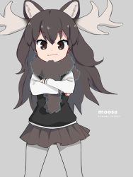 Rule 34 | 10s, 1girl, animal ears, antlers, black vest, brown eyes, brown hair, brown scarf, brown skirt, character name, clenched hands, copyright name, crossed arms, english text, eyelashes, grey background, grey pantyhose, hair between eyes, horns, ica, kemono friends, long hair, long sleeves, looking at viewer, moose (kemono friends), moose ears, pantyhose, pleated skirt, romaji text, scarf, shirt, simple background, skirt, sleeveless, smile, solo, tsurime, vest, wavy hair, white shirt