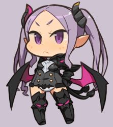Rule 34 | &gt;:&lt;, 1girl, :&lt;, blush, boots, chibi, demon girl, full body, horns, ibara., long hair, looking at viewer, pop-up story, purple eyes, purple hair, simple background, solo, thigh boots, thighhighs, twintails, v-shaped eyebrows, volteria dig platidity