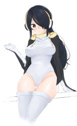 Rule 34 | 1girl, bad id, bad pixiv id, black hair, breasts, brown eyes, commentary, drawstring, emperor penguin (kemono friends), groin, hair over one eye, hand up, headphones, highleg, highleg leotard, highres, hood, hood down, hooded jacket, jacket, kemono friends, kona ming, leotard, long hair, looking at viewer, medium breasts, open clothes, open jacket, simple background, smile, solo, taut leotard, thigh gap, thighhighs, thighs, white background, white leotard, white thighhighs