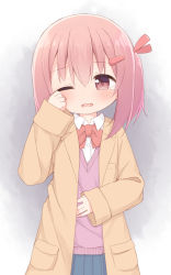 Rule 34 | 1girl, ayanepuna, blue skirt, blush, bow, brown jacket, collared shirt, dress shirt, hair between eyes, hair ornament, hairclip, highres, jacket, long sleeves, one eye closed, one side up, open clothes, open jacket, original, parted lips, pink hair, pleated skirt, red bow, red eyes, shirt, skirt, sleeves past wrists, solo, sweater vest, tears, white shirt