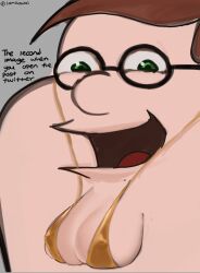 Rule 34 | 1boy, absurdres, bikini, brown hair, cleft chin, double chin, english text, family guy, fat, fat man, glasses, gold bikini, green eyes, highres, kowai (iamkowai), looking at viewer, male focus, open mouth, peter griffin, round eyewear, short hair, solo, swimsuit, very short hair