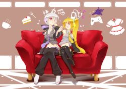 Rule 34 | 2girls, akita neru, bare shoulders, black thighhighs, blonde hair, bow, breasts, cake, controller, couch, detached sleeves, food, game controller, hair bow, heart, long hair, magu (mugsfc), multiple girls, navel, necktie, one eye closed, pleated skirt, ponytail, red eyes, red upholstery, side ponytail, silver hair, sitting, skirt, star (symbol), thighhighs, vocaloid, wink, yellow necktie, yowane haku