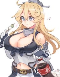 Rule 34 | 1other, 2girls, animal, batsubyou, blonde hair, blue eyes, bottle, breasts, cat, cleavage, closed mouth, coca-cola, cola, dango, eating, eighth note, elbow gloves, error musume, food, front-tie top, gloves, hair between eyes, heart, holding, holding food, iowa (kancolle), kantai collection, large breasts, long hair, multiple girls, musical note, navel, sanshoku dango, simple background, smile, star-shaped pupils, star (symbol), symbol-shaped pupils, utopia, wagashi, white background