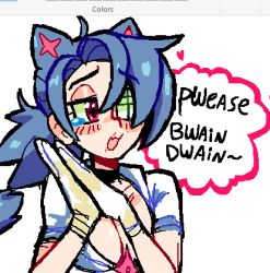 Rule 34 | 1girl, animal ears, blue hair, blush, breasts, cat ears, cat girl, cat tail, choker, cleavage, commentary, english commentary, eyepatch, gloves, heart, mercysstrap, ponytail, red eyes, scar, shiny, shiny hair, sketch, skullgirls, solo, speech bubble, star (symbol), tail, tearing up, upper body, uwu, valentine (skullgirls), white gloves