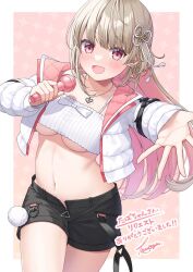 Rule 34 | 1girl, ayaginu temari, black shorts, breasts, brown hair, colored inner hair, commission, cowboy shot, crop top, cropped jacket, flower knot, hair ornament, holding, holding microphone, isekai tensei shite v ni narimashita, jacket, jewelry, long hair, long sleeves, looking at viewer, medium breasts, microphone, midriff, mole, mole under eye, multicolored hair, navel, necklace, open clothes, open fly, open jacket, open mouth, outstretched arm, pink hair, red eyes, ribbed shirt, second-party source, shirt, short shorts, shorts, skeb commission, sleeveless, sleeveless shirt, smile, solo, spaghetti strap, stomach, thighs, tomozu, two-tone hair, underboob, virtual youtuber, white jacket, white shirt